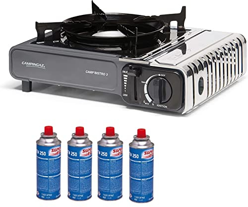 FYSHOP. PACK Campingaz Camp Bistro hornillo de Gas Individual, hornillo de Camping, Potencia 2200 W + 4 CARTUCHOS DE GAS SUPER EGO