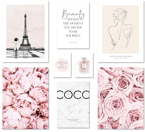 ARTFAVES® Poster Set - COCO ROSE - mehrteilige Wanddeko Wohnzimmer & Schlafzimmer - 8 moderne Wandbilder Rose, Fashion, rosa, Glamour, Blumen, Paris - ohne Bilderrahmen