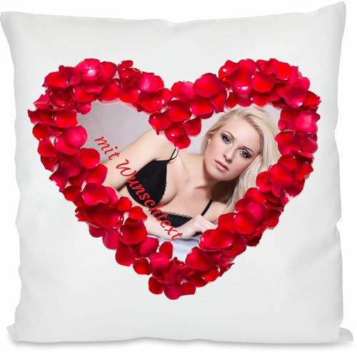 INDIGOS UG - Foto-Kissen - Rosen und Herz - Kissen mit Foto individuell Bedruckt - selbst gestalten - 40x40cm - weiß - Kissenfüllung - personalisierte Geschenk-Idee - zum Geburtstag & Valentinstag