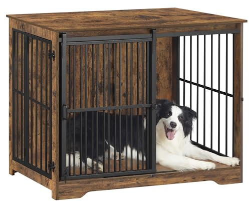 Hzuaneri 110cm Cage pour Chiens, Table d’Appoint, Niche Moderne pour Chiens, Cage pour Chiots, Maisonnette pour Animaux, 2 Portes, 65 × 110 × 81 cm, Marron Rustique DFC84401B