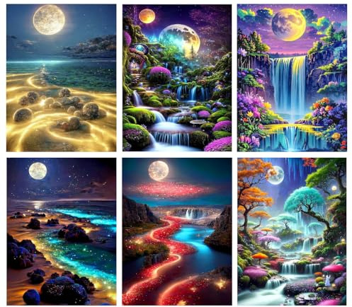 GJSZZO 6 Pack Moon Diamond Painting Kits for Adults, Waterfall Landscape Diamond Art Kits for Beginners, DIY Beach Crystal Art Kits for Adults, Diamond Dot Gem Art Kits for Home Decor (30×40 cm)