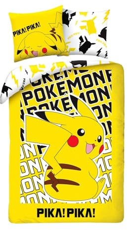 Pokemon Pikachu Parure de lit réversible pour enfant en coton certifié Öko-Tex Housse de couette 135 x 200 cm et taie d'oreiller 80 x 80 cm Taille standard allemande