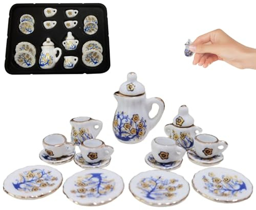 Tiny Tea Set 15PCS Juego de té en Miniatura a Escala 1:12 Mini Tazas de Porcelana Platos de Tetera Patrón de caléndula Casa de muñecas para casa de muñecas Cocina Estilo 2 Tiny Miniature Mini