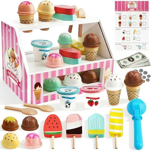 TOSUTO Heladería Niños de Madera,38 Piezas Accesorios de Cocina Infantil Heladeria Juguete,Tienda de Compra Juego de rol Juguetes de Madera Juguete Montessori Regalo para Niño Niña a Partir de 3 Años