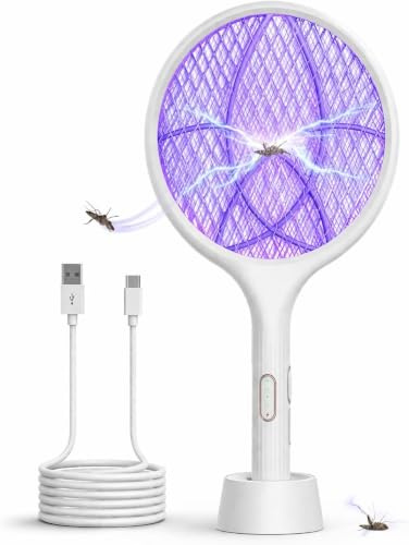 Racchetta Zanzare e Mosche Elettrica 4000V, 1500mAh, USB Ricaricabile e LED 2 in 1, Protezione Maglia a 3 Strati Adatto per Casa Giardino Campeggio Interni ed Esterni Bianco