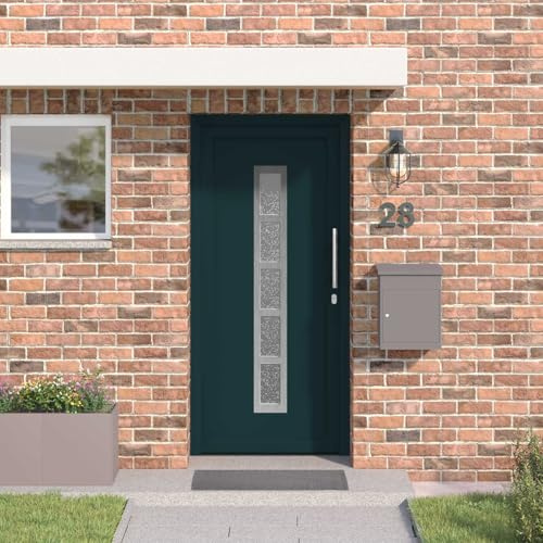 Kaloriko Puerta delantera de PVC antracita 108 x 208 cm con cristal, cerradura, herraje y marcos, puerta de entrada para interior y exterior, puerta de seguridad con aislamiento térmico y acústico