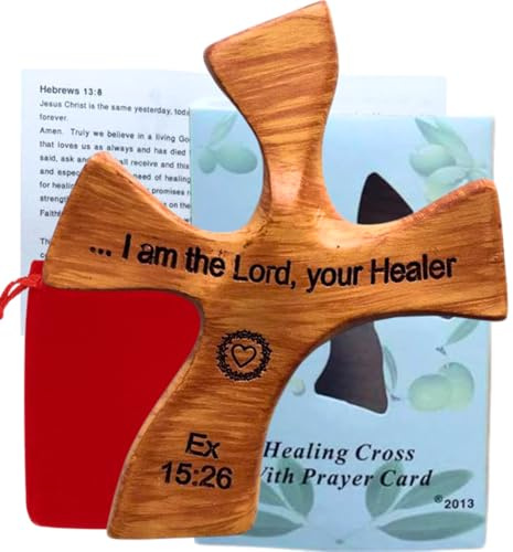 Holy Land Market Healing Palm Cross Resin – Brown Wood Crucifix – 4.5 x 3.6 Inch Handheld Comfort Cross with Gift Box, Red Velveteen Pouch & Comfort & Healing Prayer Card – Christian Spiritual Support Gift – Healing Cross™, Handheld Design