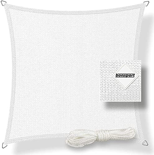 Sonnensegel quadratisch 5x5m inkl. Befestigungsseile - Sonnenschutz atmungsaktiv mit Edelstahl Ösen für Garten, Terrasse, Balkon, weiß