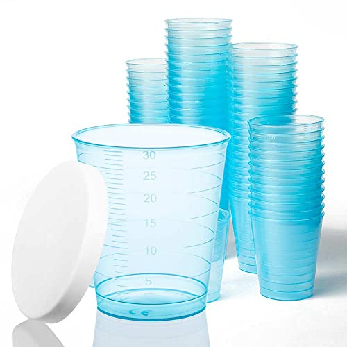 Tuuters Medikamentenbecher 300 Stück 30ml (Blau mit Deckel) klein bunt | Mit Verschluss, Skala,5-ml-Dosierung für Tabletten, Pillen, Shots, Pflege, Praxis, Labor, 3cl Volumen, bruchsicher und robust