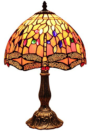 Bieye L30023 Tiffany-Stil Buntglas Libelle Tischlampe für Nachttisch Wohnzimmer Dekoration Orange