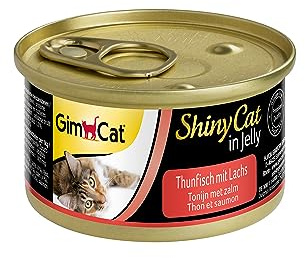 GimCat ShinyCat in gelatina tonno e salmone, Cibo umido in gelatina con pesce per gatti, Ricco di proteine, 24 Lattine, 24 x 70 g
