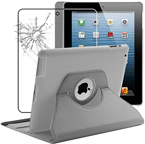 ebestStar - Hülle für iPad 4 Retina, iPad 3, iPad 2, Drehbar Schutzhülle, PU-Lederhülle, Rotierende Ständer Etui, Rotating Case Cover, Grau + Panzer Schutz Glas