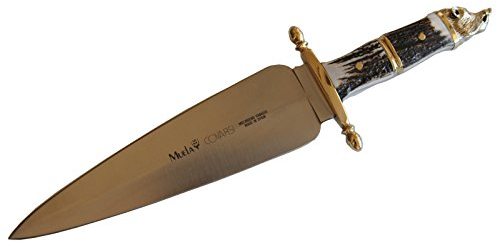 ELECTROPOLIS Cuchillo de remate Muela Covarsi COV-C.E, Hoja MOVA de 24,5 cm, Enterizo, cachas de asta de Ciervo y Cabeza de jabalí de latón, en Estuche + Tarjeta Multiusos de Regalo