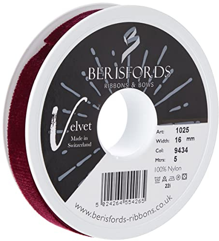Berisfords Velvet Ribbon, Burgundy, 5m, 16mm width