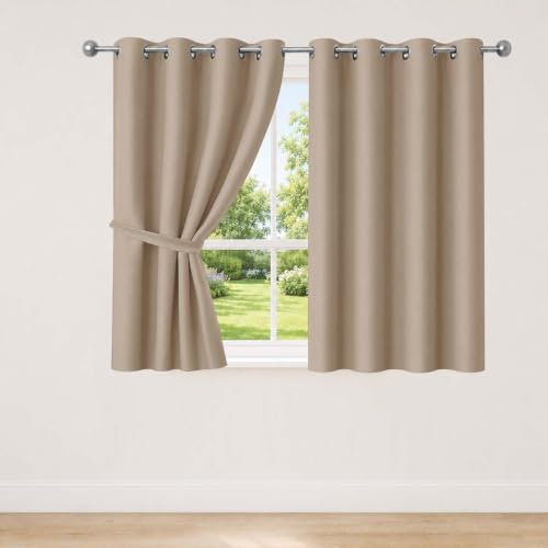 AMEHA Blackout Curtains for Bedroom Eyelet Beige Curtains, 46”x54” 1 Pair | Black Out Curtains for Living Room, Soundproof Heat Blocking Curtains 54 Inch Drop, 2 panels with Tiebacks