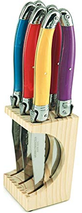 Laguiole Production - Bloc 6 couteaux à steak - Avec bloc de rangement bois - Acier inoxydable - Manche ergonomique - Set couteau de table manches design - Multicolores