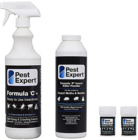 Pest Expert Carpet Moth Killer pack – Formula ‘C’ Moth Spray 1ltr, Formula ‘P’ Moth Powder 300g and 2 x Formula ‘P’ Smoke Bombs (HSE approved and tested – professional strength product)