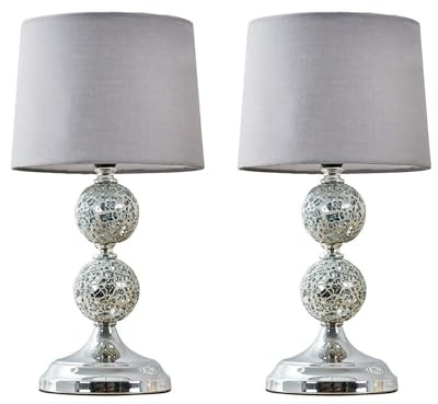 MiniSun | Modern Chrome and Mosaic Glass Table Lamps with Grey Shades | Table Lamps, Home Décor & Improvement Essential | Set of 2