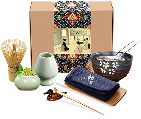 Artcome, set da tè giapponese Matcha, frusta matcha, paletta tradizionale, ciotola per matcha, supporto per frusta in ceramica, kit fatto a mano per cerimonia del tè tradizionale giapponese, 9 pezzi