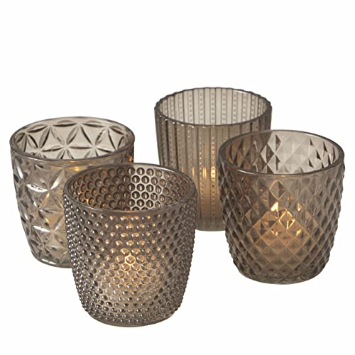 Glas värmeljushållare – set om 4 / grå – dekorativa vindljus retro bordsdekoration