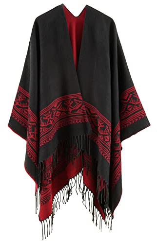 Superora Damen Poncho Cape Umhängetuch Stola Strick Deckenschal mit Fransen