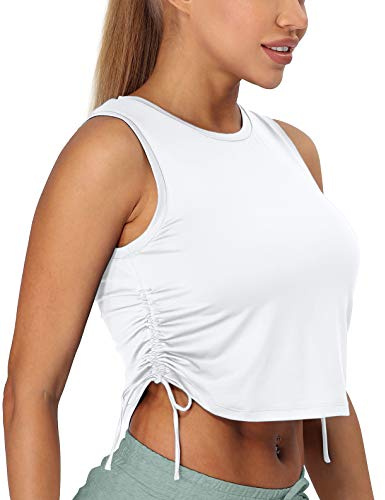 icyzone Dam sport fitness linne cropped yoga skjorta rund hals löpning toppar, Vit, XL Kort