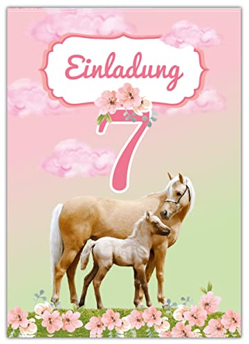 Junapack 12 Einladungskarten zum 7. Kindergeburtstag siebte Geburtstag Mädchen Pferd mit Fohlen