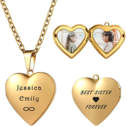 MeMeDIY Personalisierte Schmuckketten für Frauen Kette mit Gravur Herzmedaillon mit Foto Namenskette für Mütter, Edelstahl, Gold Glatt 55 cm Chain