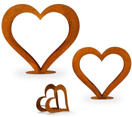 D&L Lasertec Panier à bois de cheminée, en forme de cœur en métal, rouille, patine, étagère en bois - Décoration - Set M+L+XS