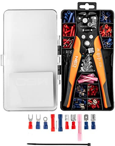 NEO TOOLS Alicates pelacables automáticos, pelacables con una pinza frontal y un conjunto de 230 conectores, acero Cr12MoV, dureza de 52-58 HRC, el ju
