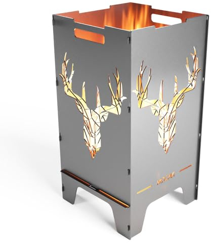 MOCAVI Edelstahl Feuertonne Deer 73 cm | 3 mm V2A Design-Feuersäule für Garten, Terrasse und Balkon Feuerschale Feuerkorb massiv sicher groß quadratisch Feuerstelle Outdoor faltbar hitzefest