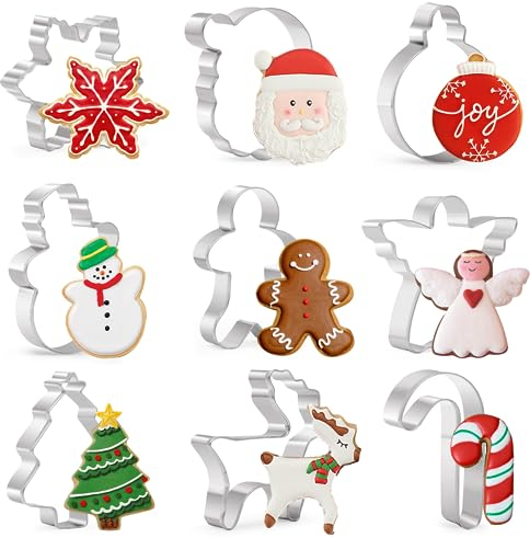 Set di formine per biscotti natalizi, 9 pezzi, a forma di omino di pan di zenzero, albero di Natale, fiocco di neve, Babbo Natale, angelo, bastoncini di zucchero, pupazzi di neve, alce