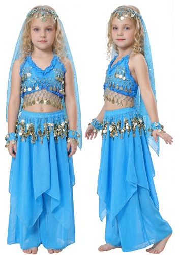 Fairycos Costume da ballerina del ventre, da bambina, 1001, da notte, orientale, danza del ventre, carnevale, per bambini, 152, 158, blu ghiaccio