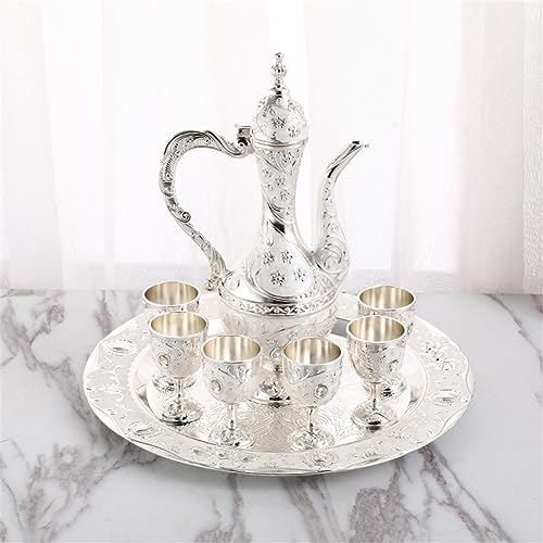 HJDSUDU Set da tè Arabo, Set da caffè Turco Vintage con Vassoio per teiera e 6 Tazze Decorazioni Artigianali Set di Flagon Set di Tazze turche Teiera Turca,Bianca