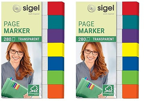 SIGEL HN677 Haftmarker Transparent, 7 Farben, 280 Streifen im Format 12 x 50 mm, aus Papier (Packung mit 2)