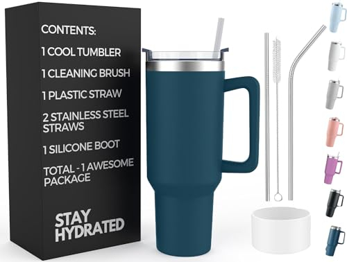 Re Tech UK - 40oz Tumbler with Straw and Lid + 2 Stainless Steel Straws & Silicone Boot, 1.2 litres, Insulated Cup - Travel Mug with Handle - Travel Tumbler with Straw and Lid, Navy