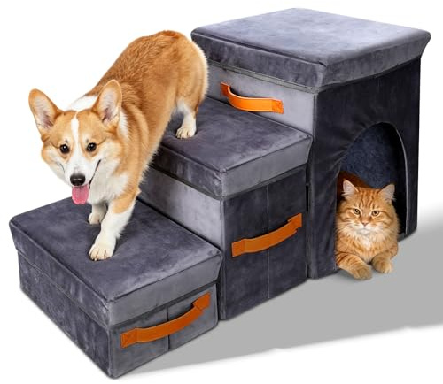 MASTERTOP Hundsteg för soffa, vikbara husdjurssteg med förvaringsbox och lägenhetshus, hundtrappor för små hundar, stabila kattsteg för bäddsoffa, 34 x 79 x 45 cm