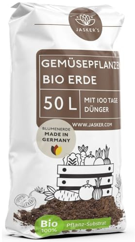JASKER'S Bio Gemüseerde & Hochbeeterde für Gemüse 50 L - Bio Erde für Gemüsepflanzen mit 50% weniger Torf - Pflanzenerde mit organischem Dünger - Universalerde - Pflanzerde Gemüse, BLU-HGE-1005