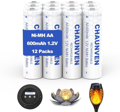 Chaunven AA Rechargeable Batteries 1.2V Double A Regular Capacity Pre-Charged for Garden Solar Lights, String Lights and Other Low Power Devices AA 600mAh 12 packs