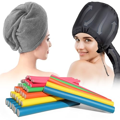 xnicx 42 pcs 7 Flexible Rods,Hair Curlers Rollers Flexible Curling Rods,Heatless Bendy Foam Curls for Long,Medium,Short Hair to Sleep in,with Hair Dryer Bonnet,Drying Towel 3 IN 1(Gray)