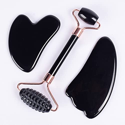 AUOQKQUT Jade-Sägezahn-Gesichtsroller, GuaSha-Werkzeug-Set, natürlicher schwarzer Obsidian-Kristallstein, 3-teiliger Sägezahn Haus Dekoration