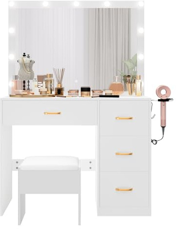 YITAHOME Dressing Table with LED Lights, Vanity Table with Adjustable Brightness Mirror, Makeup Desk with 4 Drawers and Power Outlet, Wooden Modern Bedroom Dresser, 90x40x136cm, White