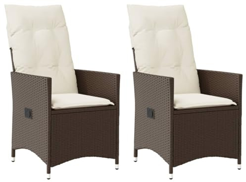 vidaXL Gartensessel mit Kissen 2 STK., Verstellbar Gartenstuhl mit Stahlrahmen, Loungesessel für Außenbereich, Relaxsessel Sthulset, Braun Poly Rattan