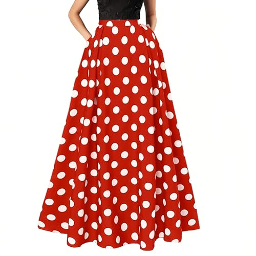 ThreeH Jupes Maxi pour Femmes Plissées Vintage Longueur de Cheville Floral A-Line Jupe Longue à Taille Haute avec imprimé à Pois,Rouge