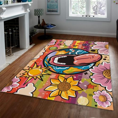 LANDERSION Kleiner Eingangsküchenteppich 120x160cm - Rutschfester bunter Cartoon-Teppich für den Eingang Schlafzimmer Wohnzimmer Blumen Weiche niedrige Flortür Ma