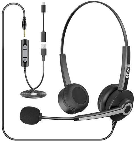 Voistek Casque Micro USB/3,5 mm/Type-C avec Microphone Anti-Bruit - Idéal pour Conférences, Skype, Zoom, Teams & Bureau