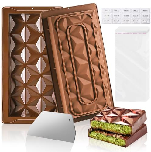 XHYASD 2PCS Silicone Deep Chocolate Bar Moulds with Spatula, BPA-Free Reusable Baking Moulds for Chocolate, Candy, Protein Bars, DIY Treats