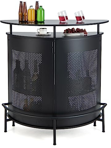 COSTWAY Mesa de Bar de 4 Niveles con Estantes de Almacenamiento y 3 Soportes para Copas, Encimera Curva, Armario de Matel Industrial de Vino para Cocina Salon Bar (Semicircular)