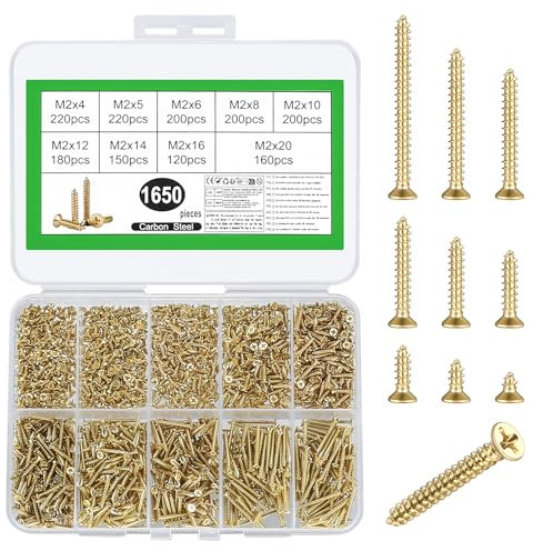 1650 Pcs M2 for Wood Assortment, Self Tapping, Small Self-tapping Screws, Assorted Screws Set, Mixed Cross Flat Head for Drywall Chipboard Furniture Decking (Gold)