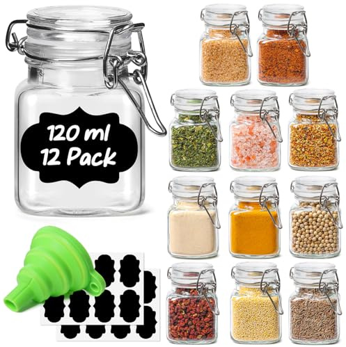 ComSaf Set of 12 Square Glass Spice Jars with Airtight Lids (4 Oz), Mini Favor Jars with Wire Clamp for Honey, Herbs & Farmhouse Kitchen Pantry Organization, with Funnel & Labels